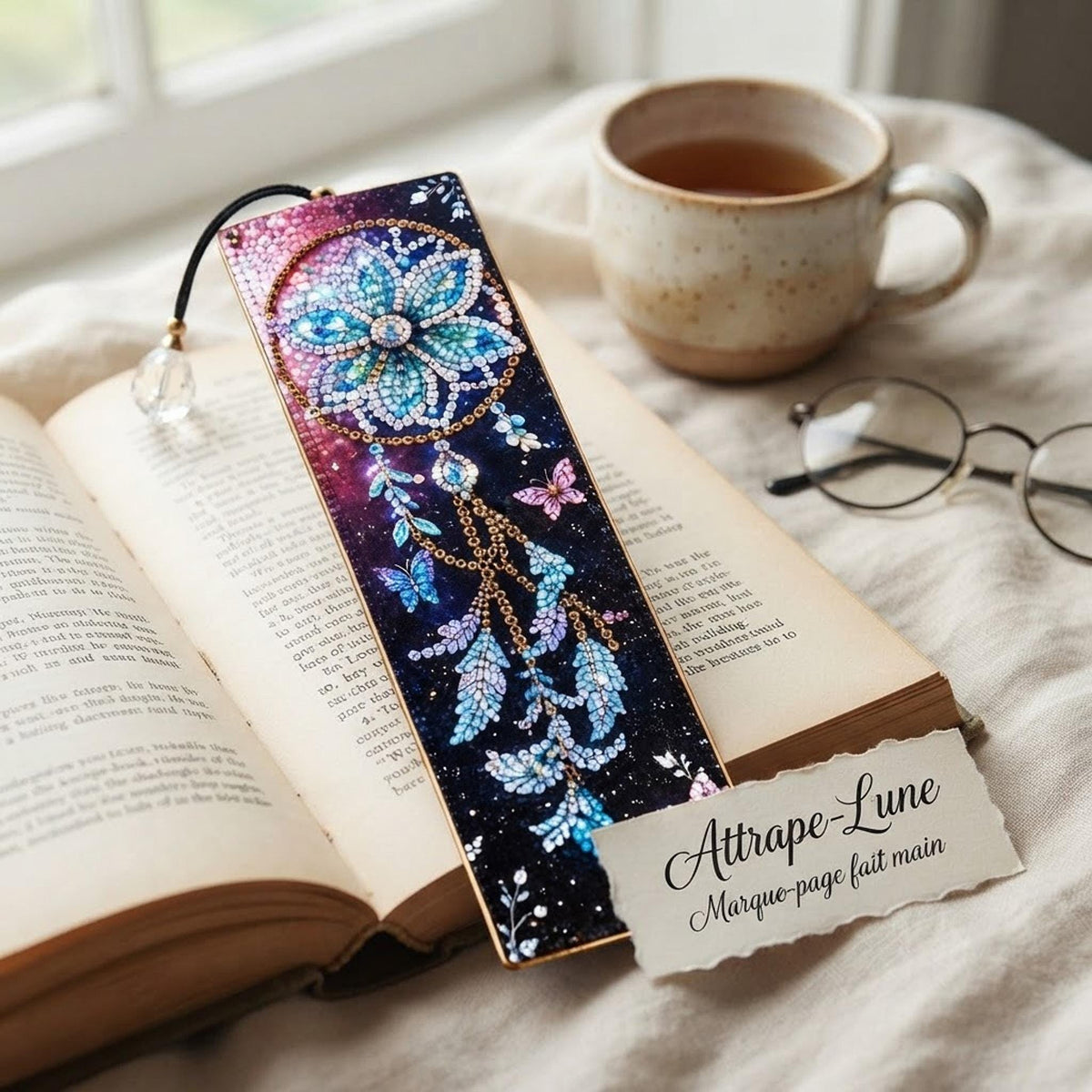 Marque-Page en Diamond Painting Scintillant avec Cristaux Bleus - "Attrape Lune -
