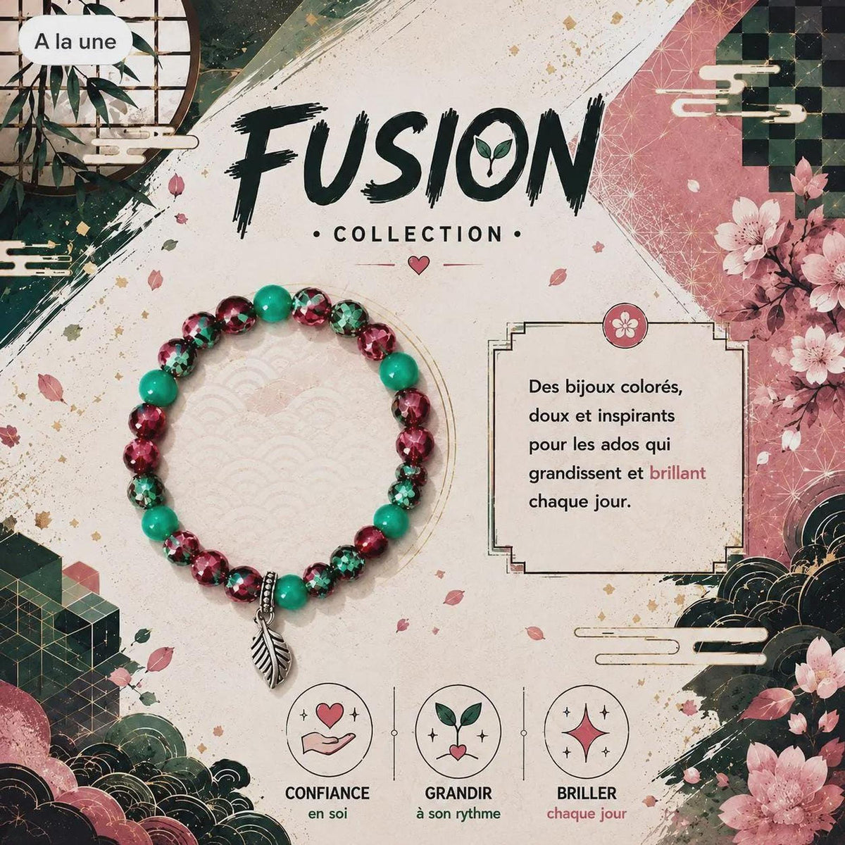 Bracelet artisanal Fusion, perles rouges et vertes, breloque feuille