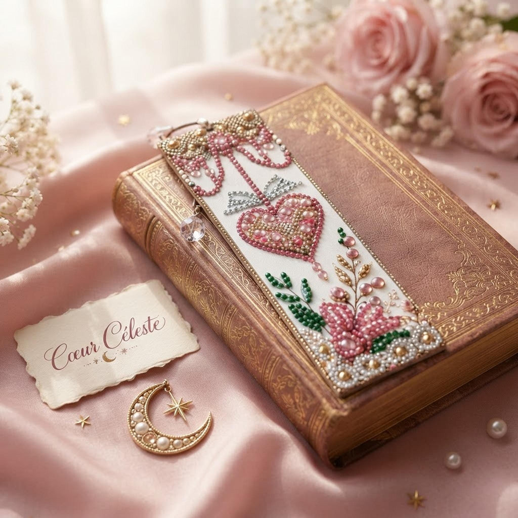 Marque Page Floral Cœur Rose, Détails Dorés en Diamond Painting - Cœur céleste" -