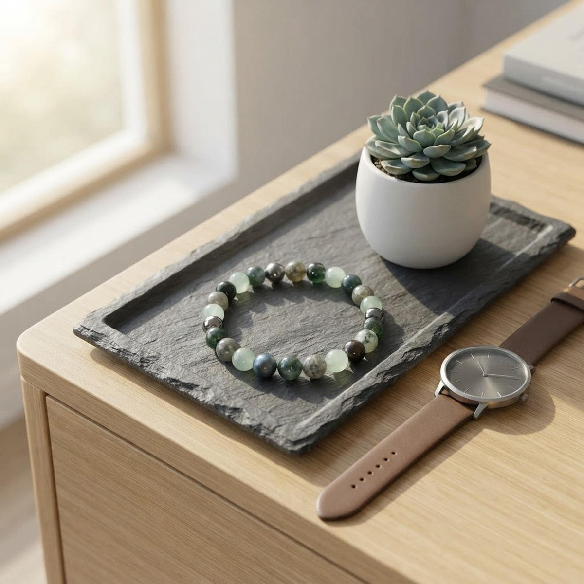 Bracelet Pierres Naturelles Homme Vert, Aventurine Labradorite Agate Mousse 17 cm