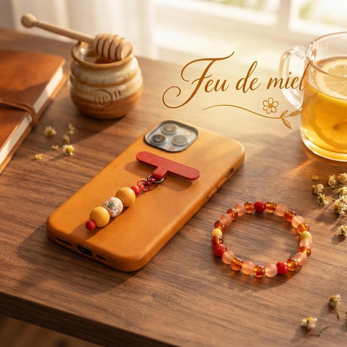 Ensemble bracelet et charm de téléphone dans les mêmes tons de orange & jaune - Feu de Miel -