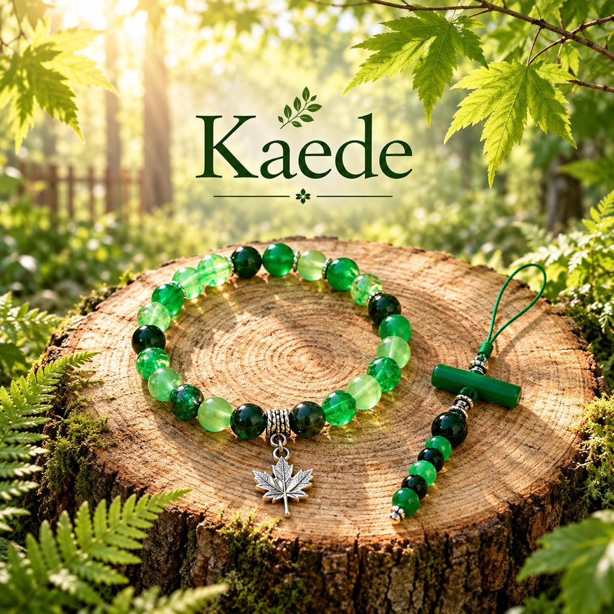 Duo bracelet téléphone vert avec perles nuancées, pendentif feuille, - Kaéde -
