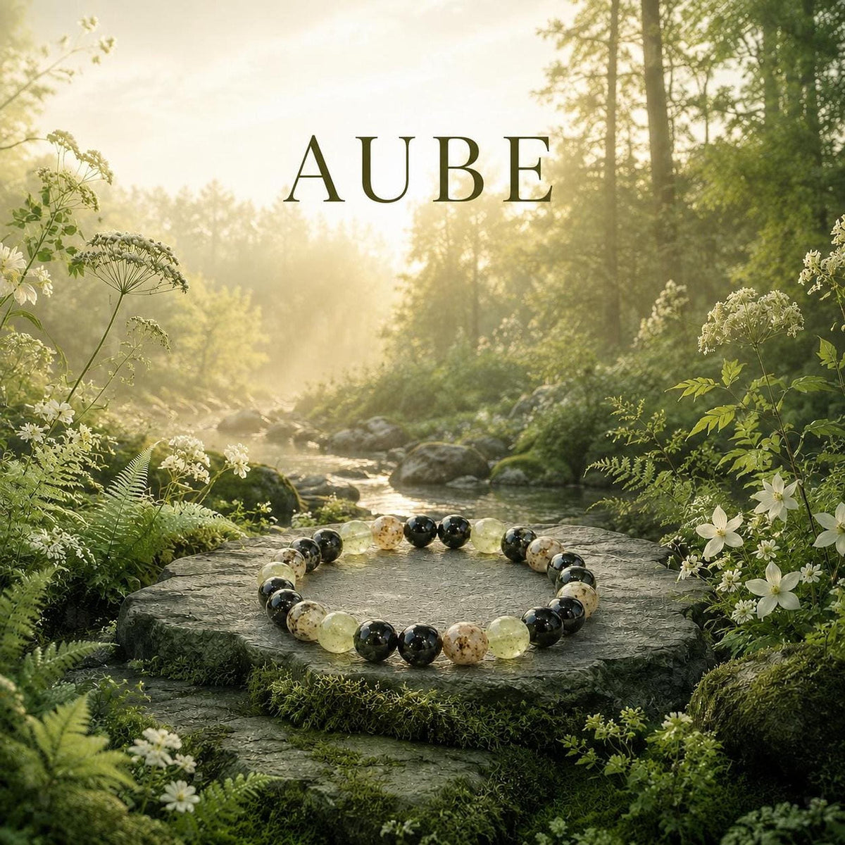 Bracelet perles vertes Aube, teintes menthe, grises et brunes – inspiration forêt