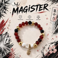 Bracelet artisanal rouge et noir, perles multicolores avec breloque hibou doré, 15 cm