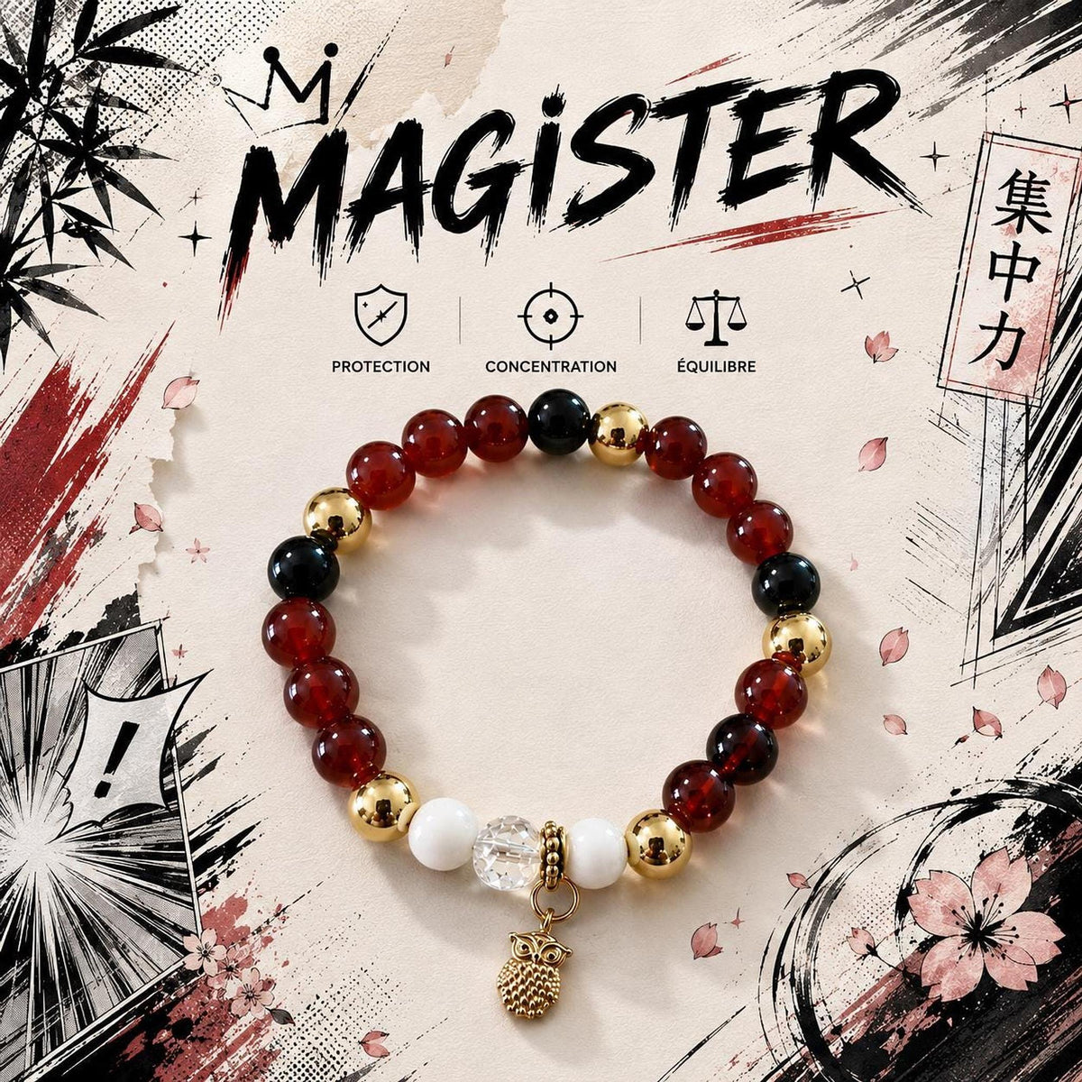 Bracelet artisanal rouge et noir, perles multicolores avec breloque hibou doré, 15 cm