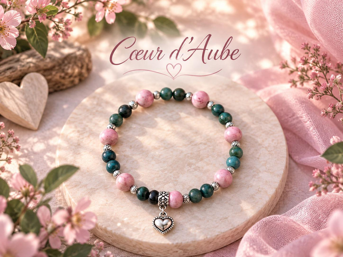 Bracelet Pierres Naturelles Agate Mousse et Rhodonite, 17 cm avec Charm Cœur