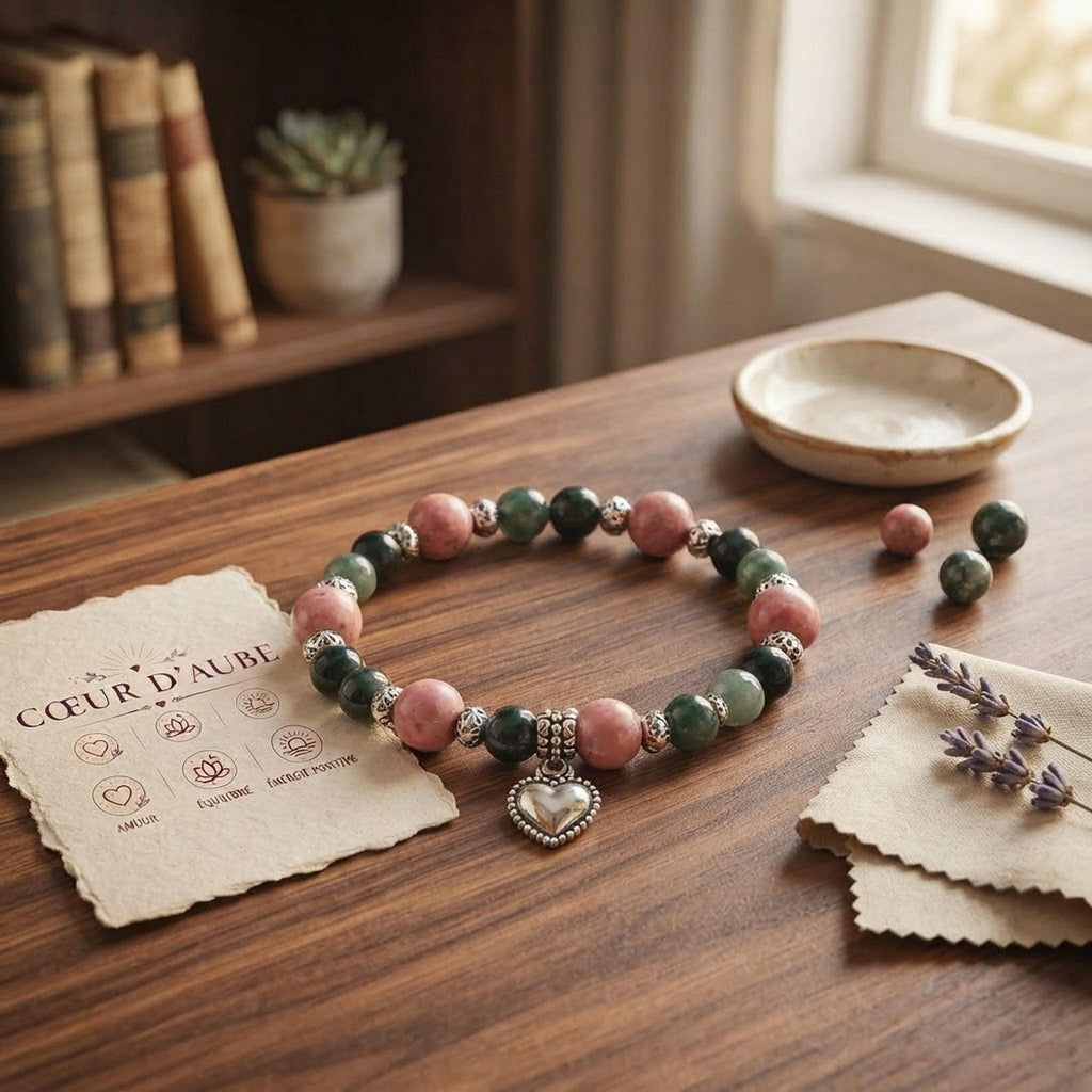 Bracelet Pierres Naturelles Agate Mousse et Rhodonite, 17 cm avec Charm Cœur