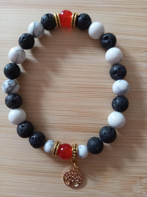 Bracelet en Perles Noires, Blanches et Rouges, Pendentif Arbre Doré