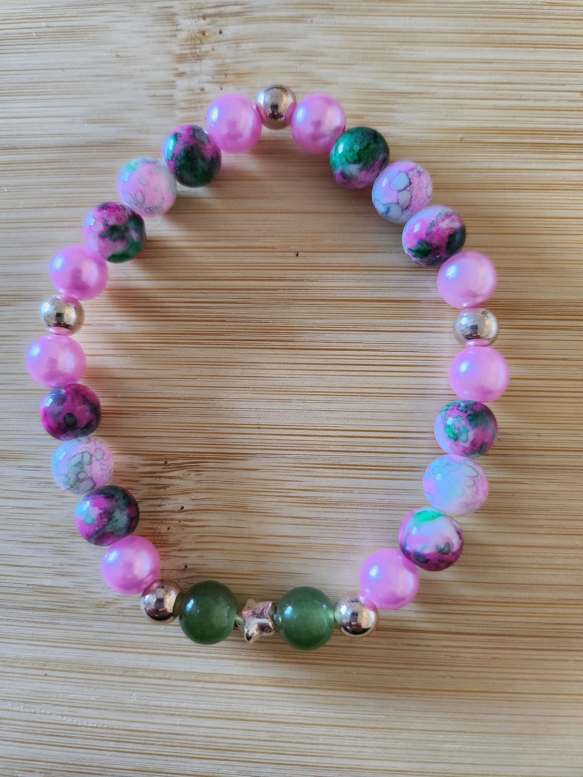 Bracelet Fantaisie Rose, Perles Violet et Vert, Taille 17 cm