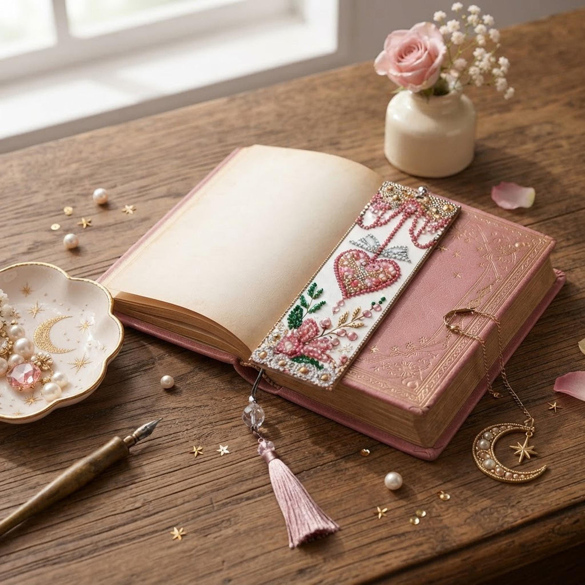 Marque Page Floral Cœur Rose, Détails Dorés en Diamond Painting - Cœur céleste" -