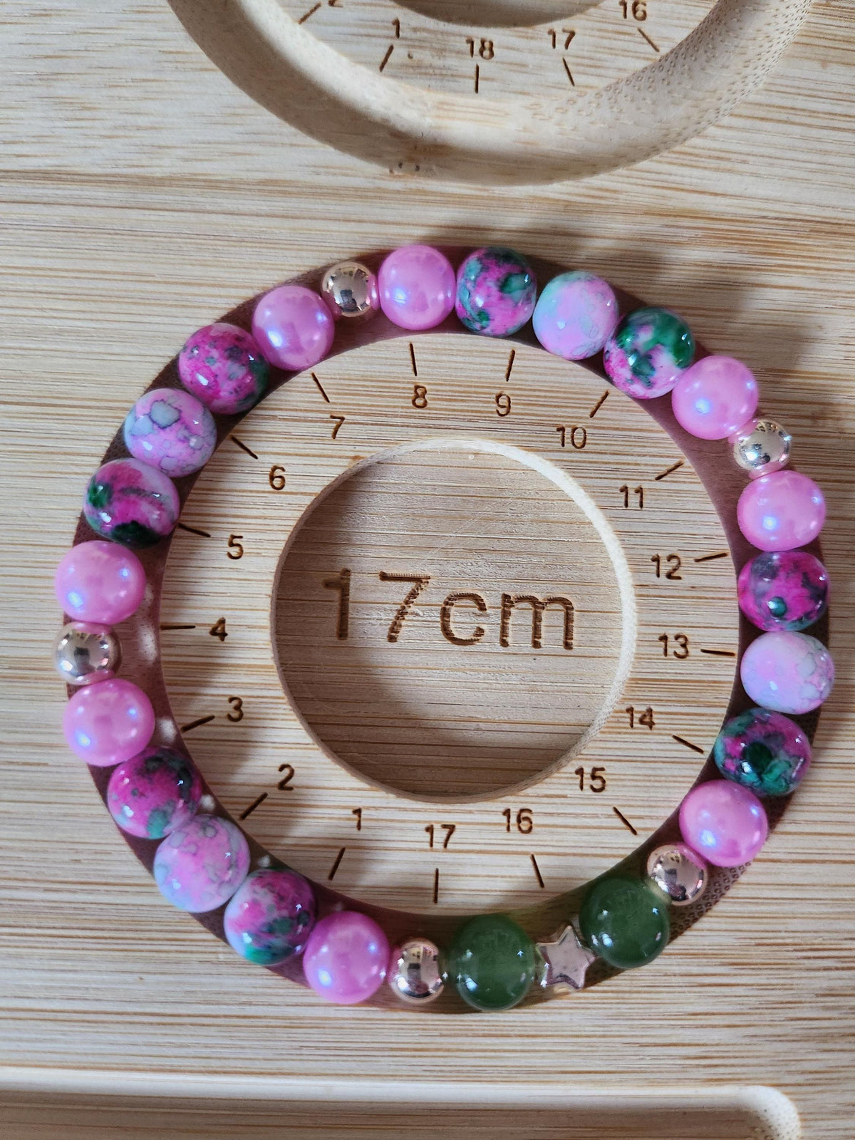 Bracelet Fantaisie Rose, Perles Violet et Vert, Taille 17 cm
