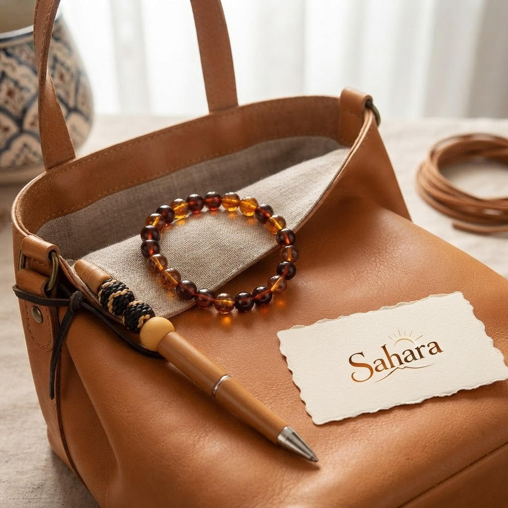 Ensemble bracelet et grigri de sac dans les mêmes tons orange, jaune - Sahara -