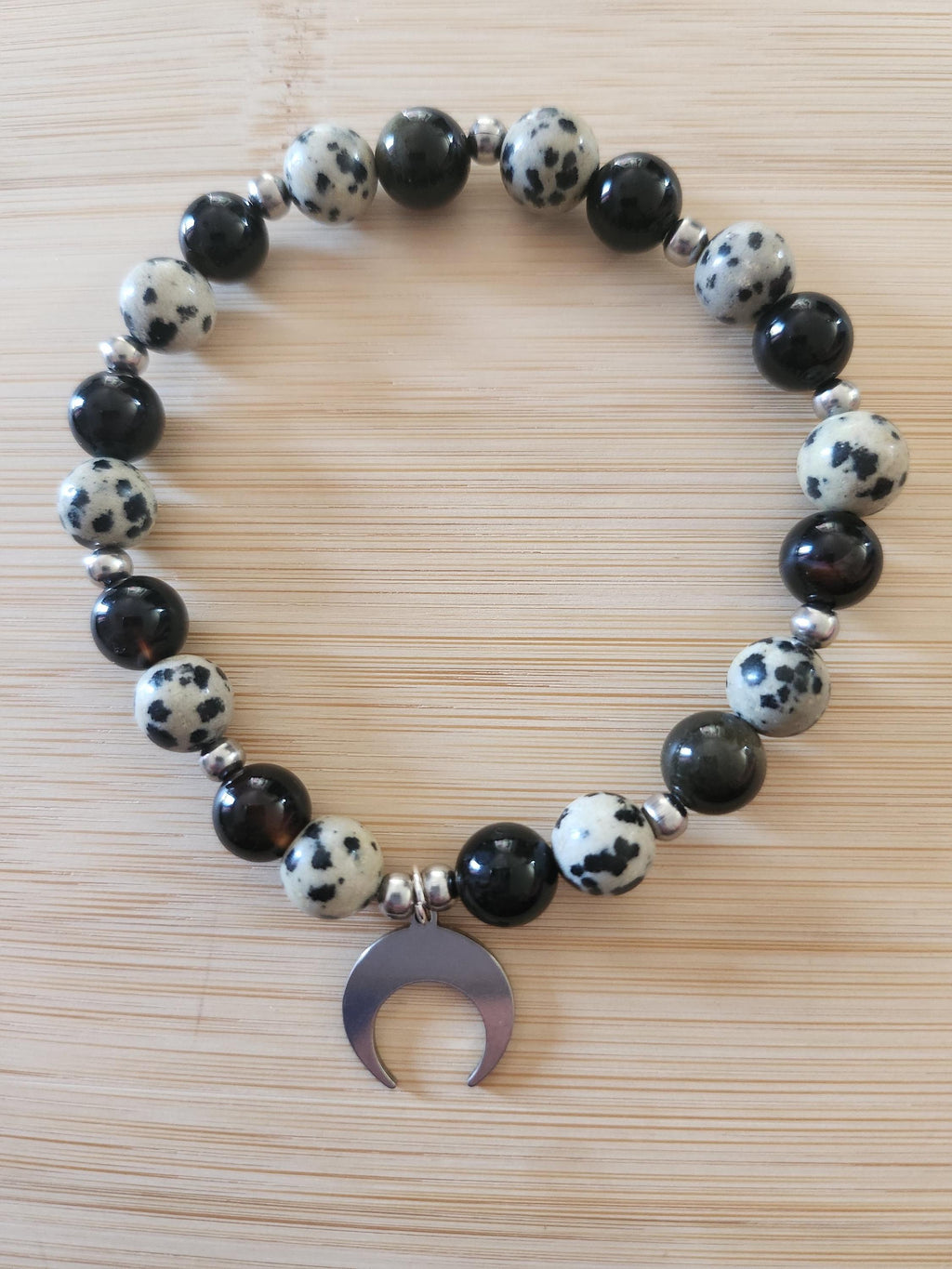 Bracelet en pierres naturelles d'Obsidienne noire & Jaspe Dalmatien - Lithothérapie - comète -