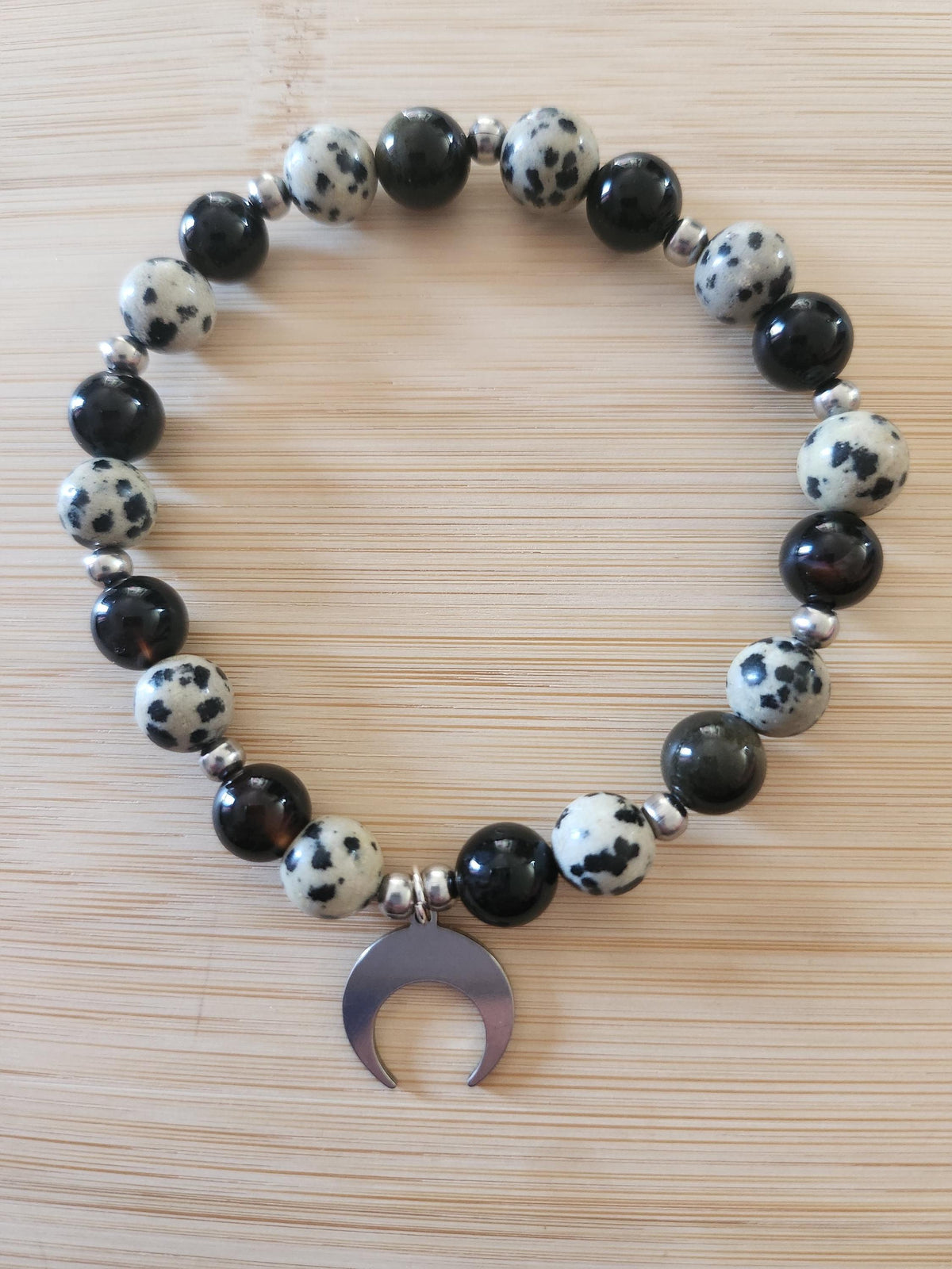 Bracelet en pierres naturelles d'Obsidienne noire & Jaspe Dalmatien - Lithothérapie - comète -