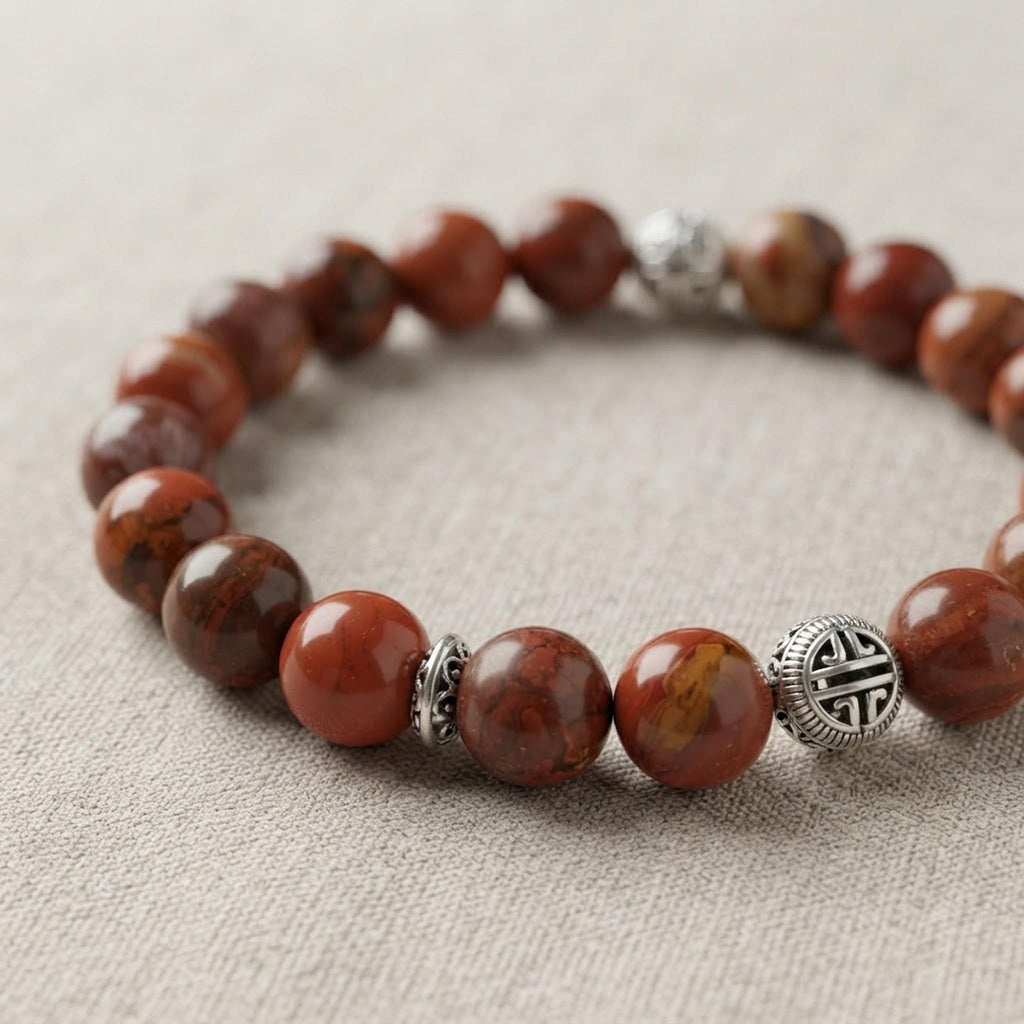 Bracelet Homme en Pierres (origine indéterminée) Rouge Brun, avec Intercalaires Argentés - "Terre Rouge" -