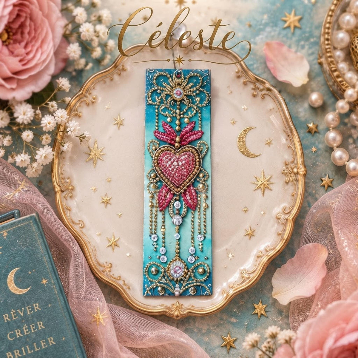 Marque-Page Turquoise, Rose et Doré avec Cœur – Détails en Diamant Painting - "Céleste" -