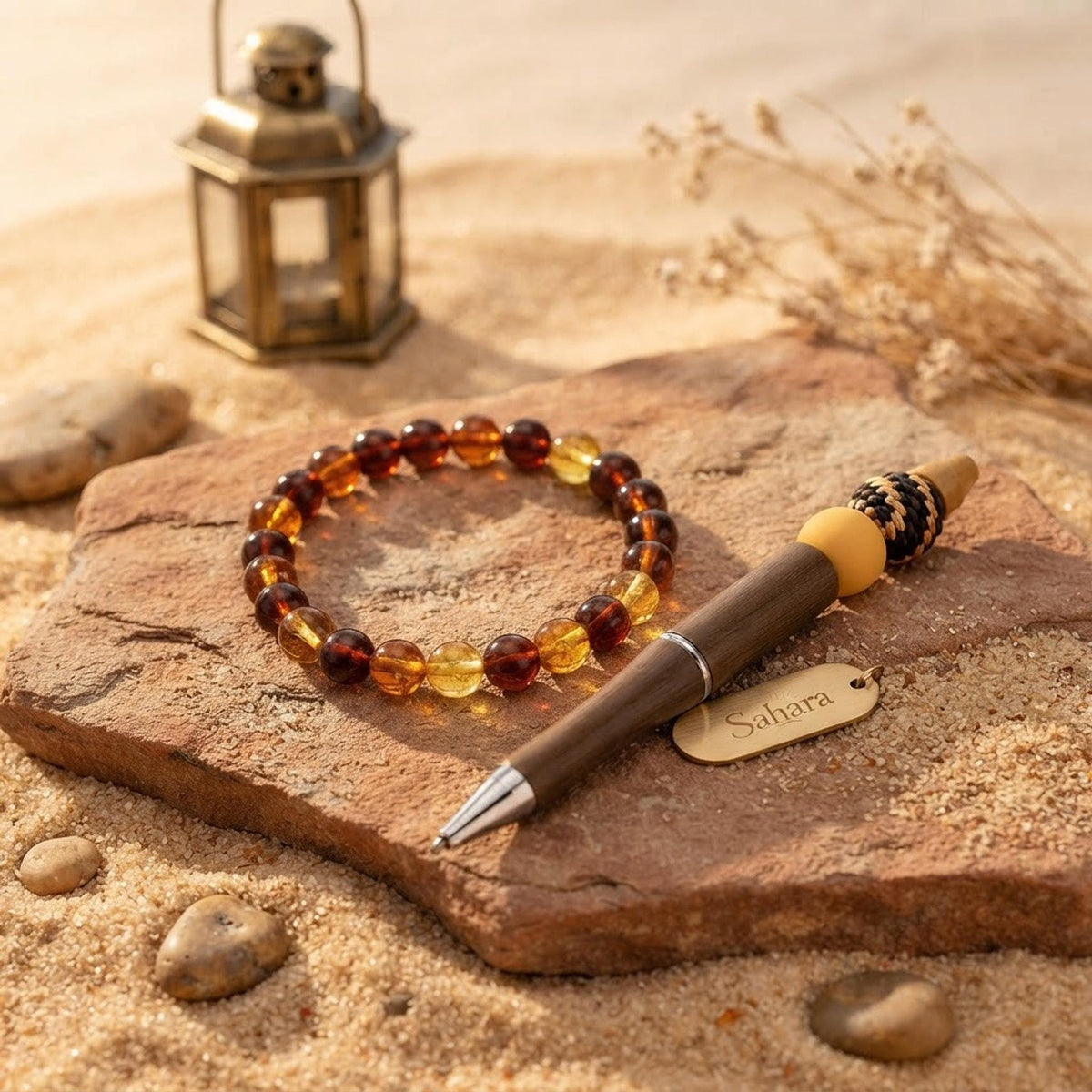 Ensemble bracelet et grigri de sac dans les mêmes tons orange, jaune - Sahara -
