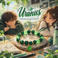 Bracelet Femme Uranus, Perles Vertes et Breloque Planète Verte et Dorée