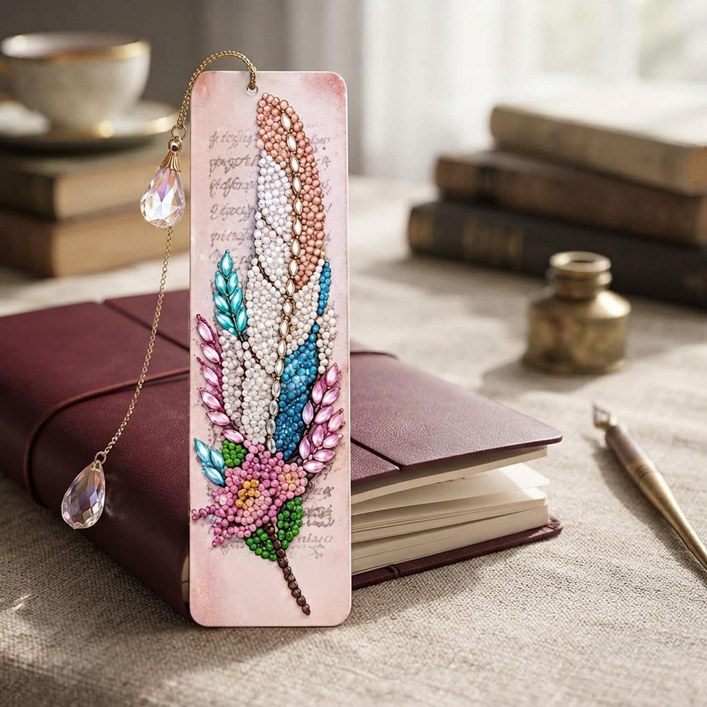 Marque-page artisanal en diamond painting,  avec plumes nacrées, fleurs, touches de bleu, rose et vert - "Evanélya " -