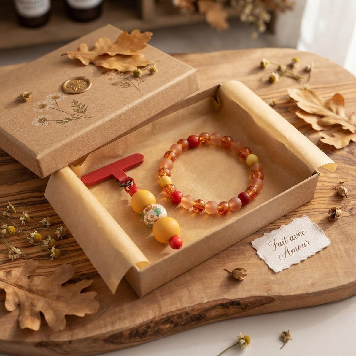 Ensemble bracelet et charm de téléphone dans les mêmes tons de orange & jaune - Feu de Miel -