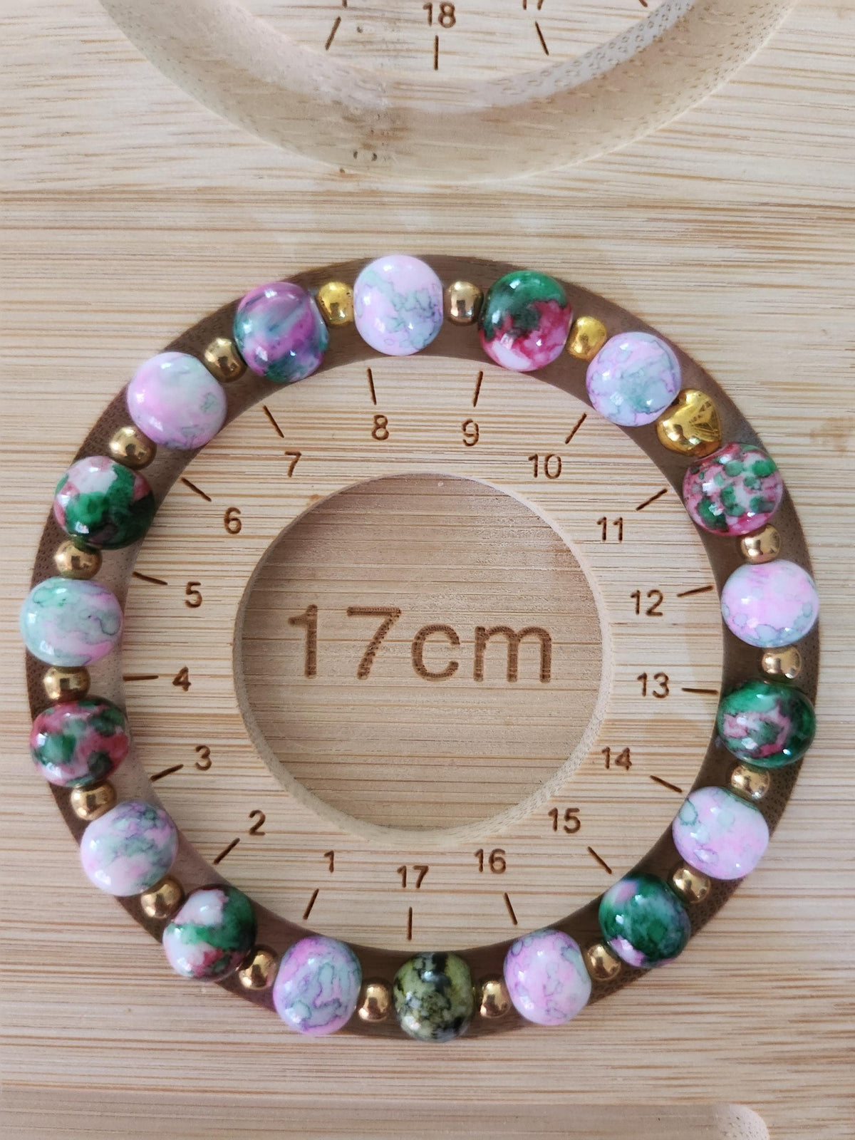 Bracelet fantaisie en perle Roses et Vertes sur Fil Élastique -  "Camélia" -