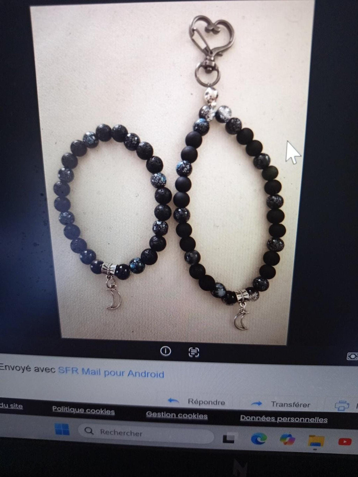 Ensemble bracelet en pierres fantaisie et porte-clé assorti - tons noirs & argenté - breloque lune  Nuit étoilée -