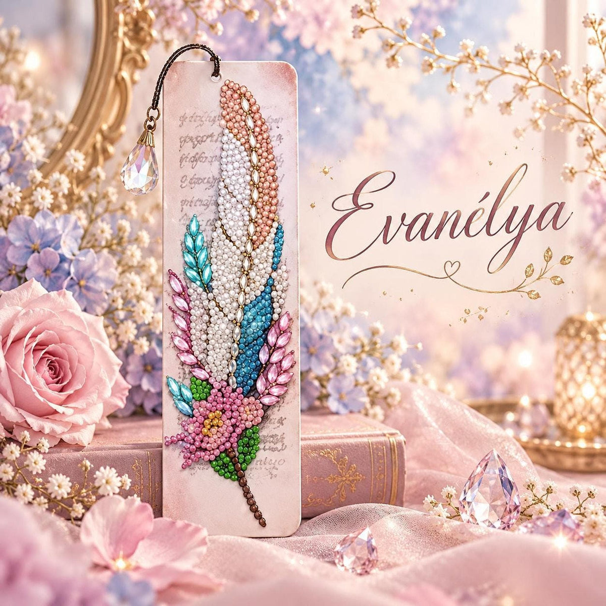 Marque-page artisanal en diamond painting,  avec plumes nacrées, fleurs, touches de bleu, rose et vert - "Evanélya " -