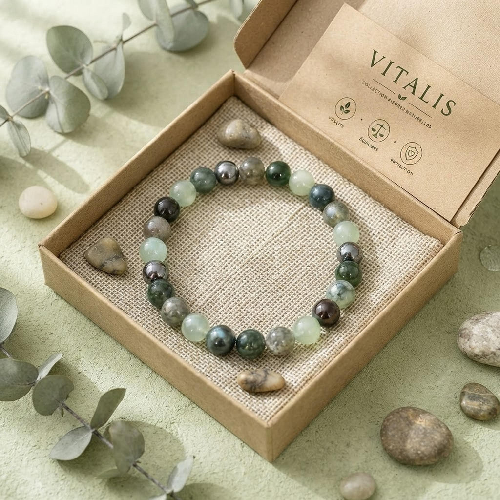 Bracelet Pierres Naturelles Homme Vert, Aventurine Labradorite Agate Mousse 17 cm