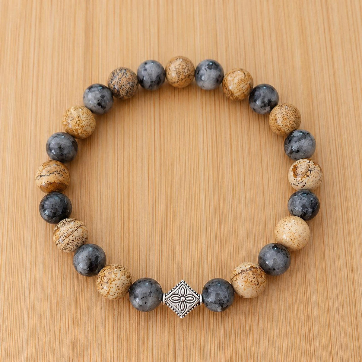 Bracelet Pierres Jaspe Paysage et Larvikite, 18 cm Élastique