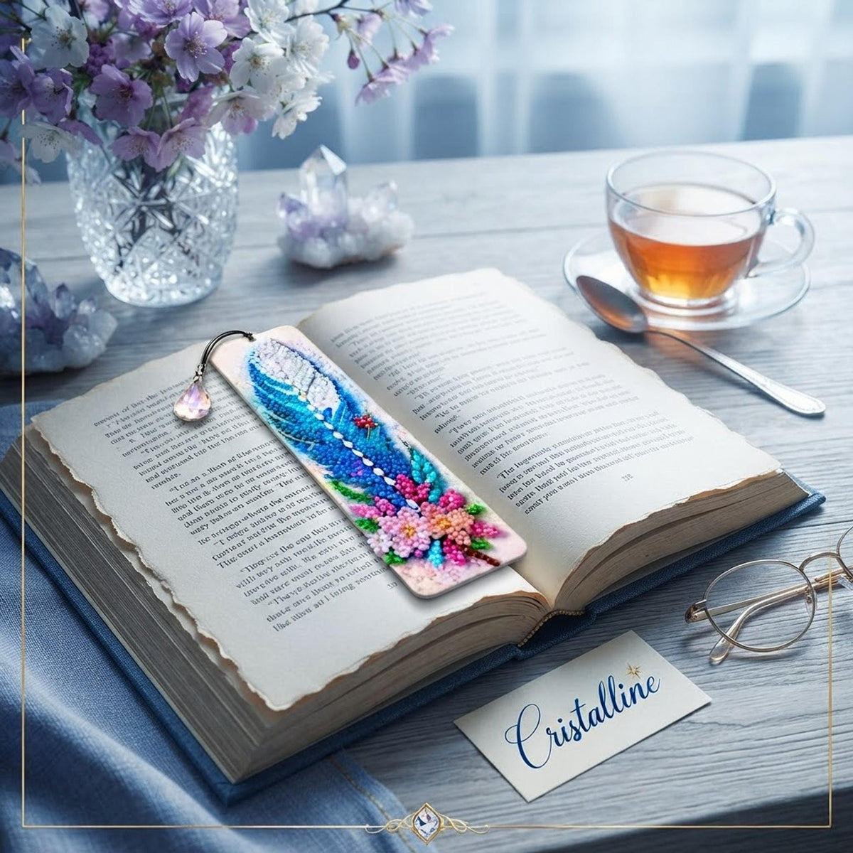 Marque-Page Diamond Painting, Plume Bleue Et Blanche Scintillante - Cristalline -