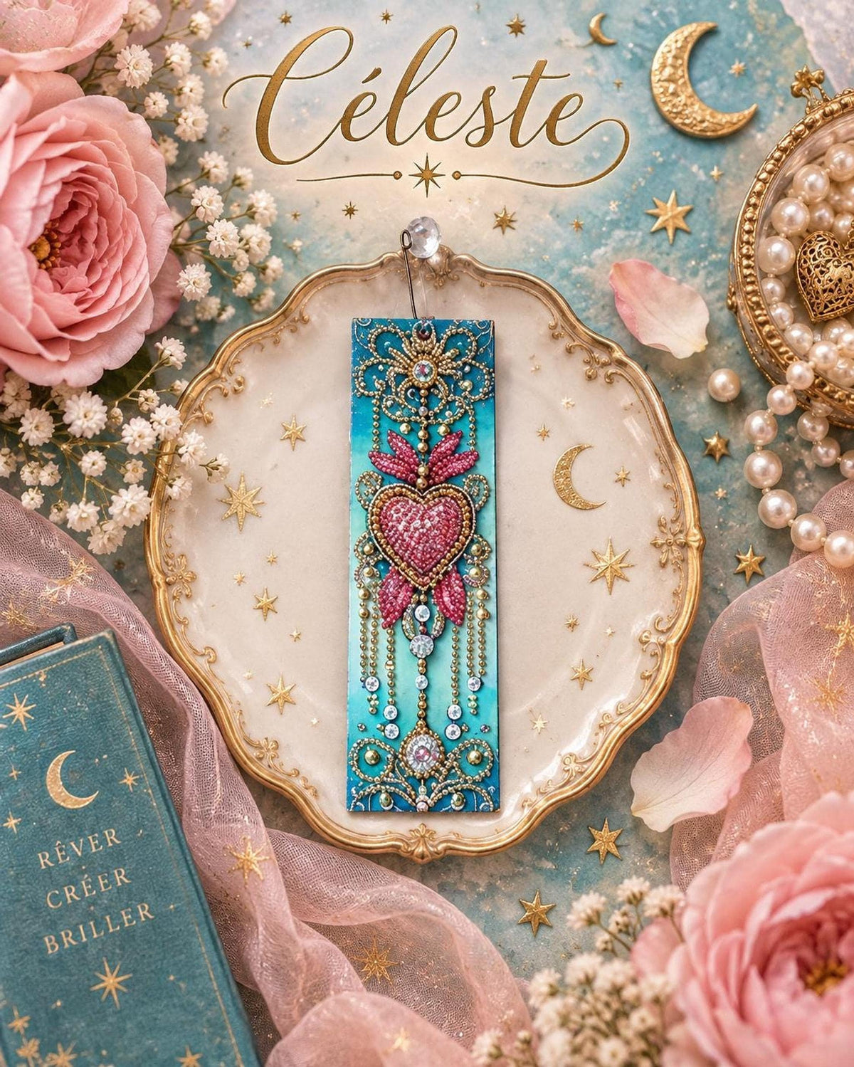 Marque-Page Turquoise, Rose et Doré avec Cœur – Détails en Diamant Painting - "Céleste" -