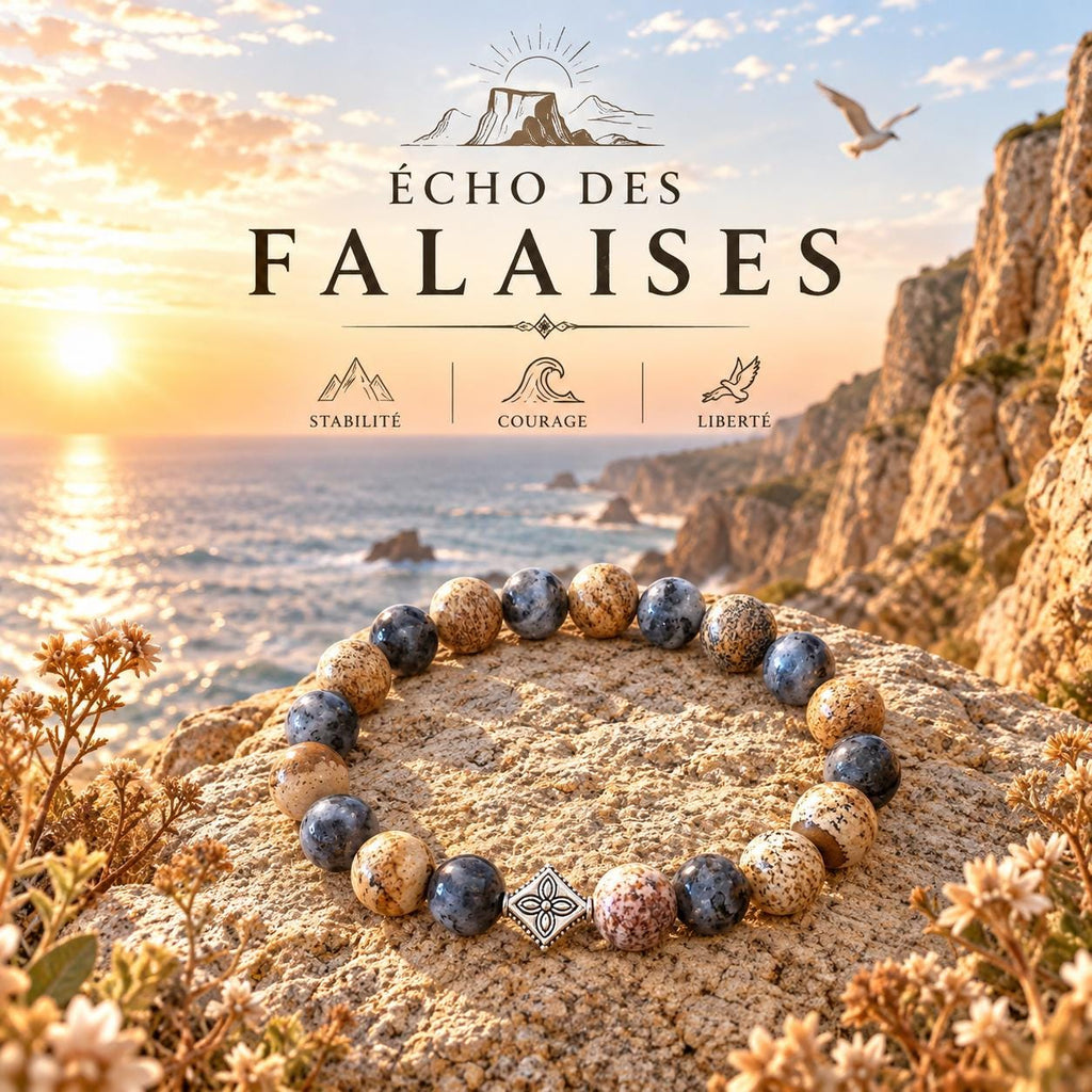 Bracelet Pierres Jaspe Paysage et Larvikite, 18 cm Élastique