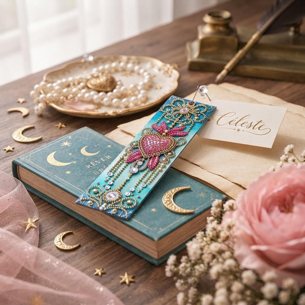 Marque-Page Turquoise, Rose et Doré avec Cœur – Détails en Diamant Painting - "Céleste" -