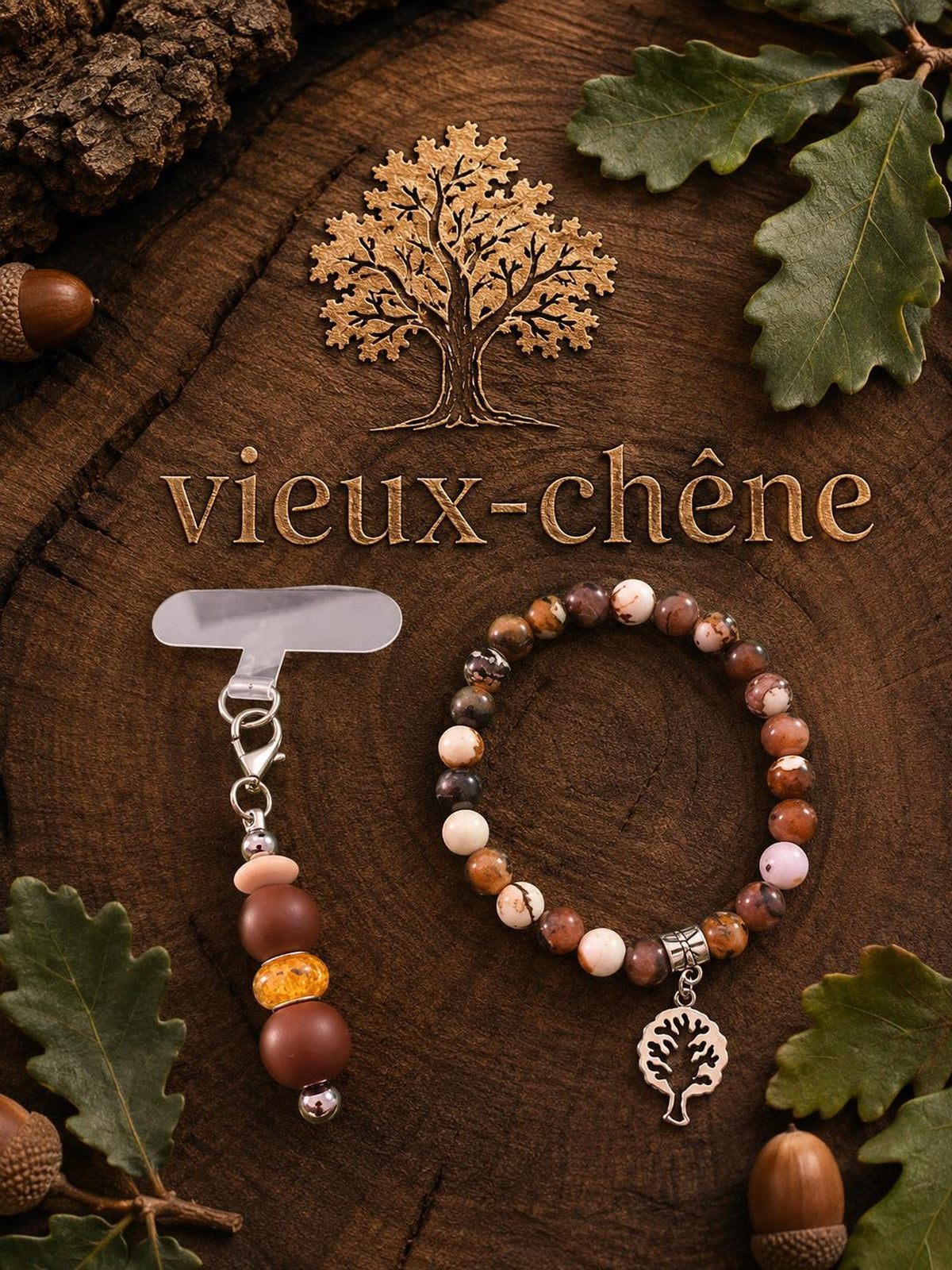 Duo Bracelet et Bijou de Téléphone couleurs vert et marron - Vieux - chêne -