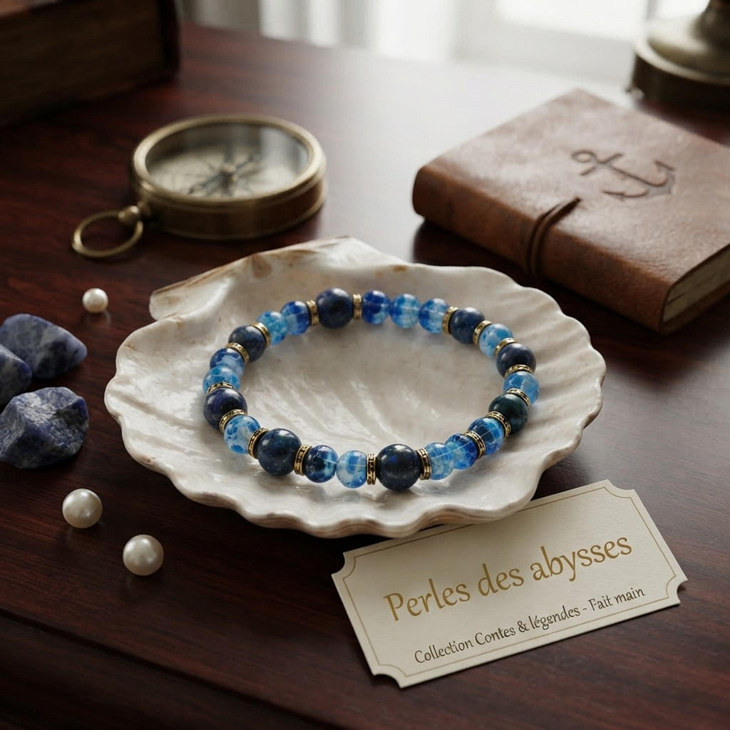 Bracelet fantaisie en  Perles Bleu Profond, et Intercalaires Dorés - Perles des Abysses -