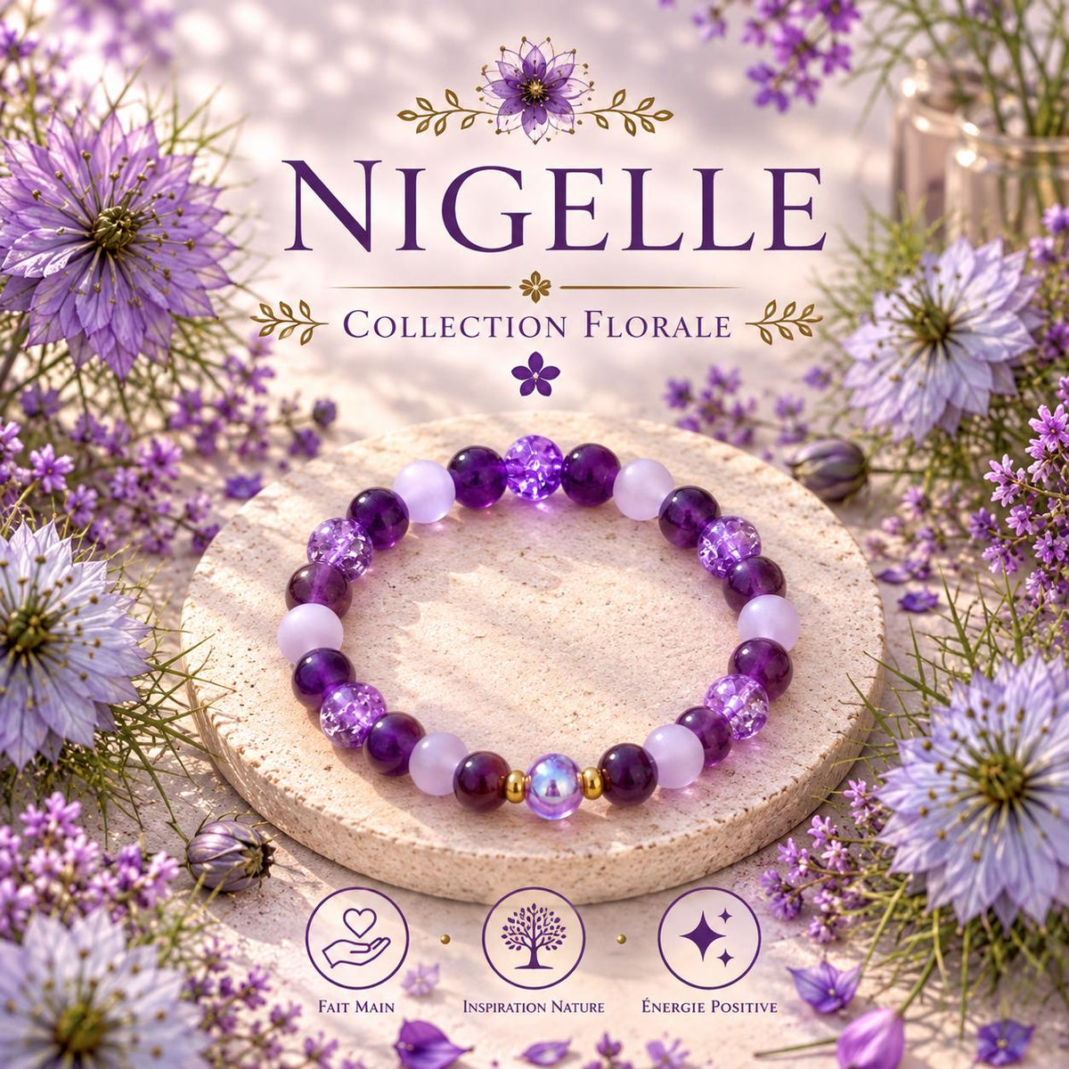 Bracelet fantaisie  en Perles Violettes et Lavande - Nigelle -