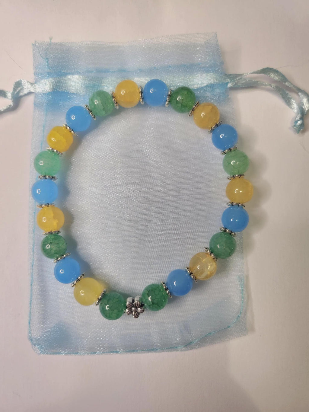 Bracelet Fantaisie, Perles Bleues Vertes et Dorées, Lotus Argenté - Nozomi -
