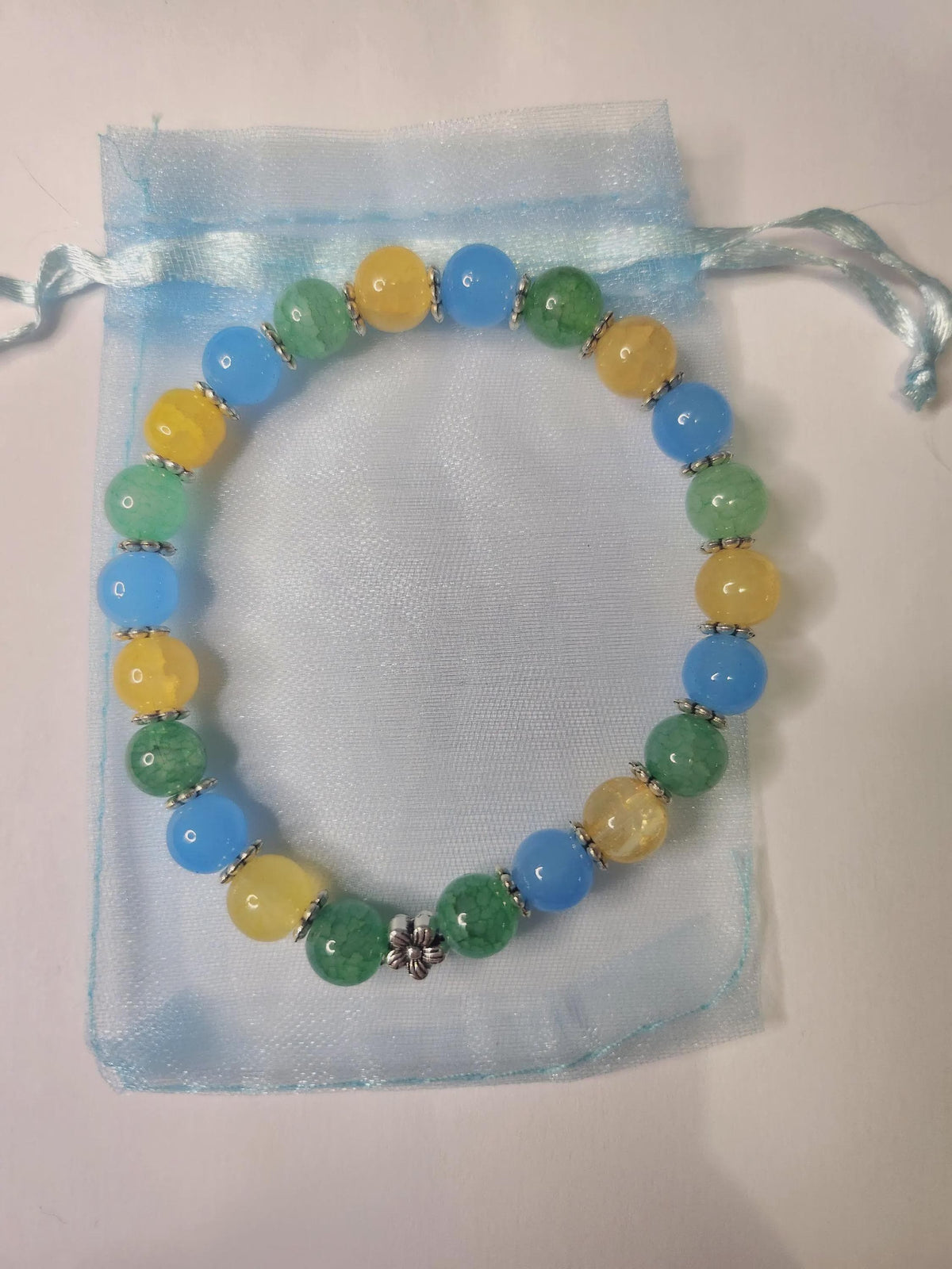 Bracelet Fantaisie, Perles Bleues Vertes et Dorées, Lotus Argenté - Nozomi -