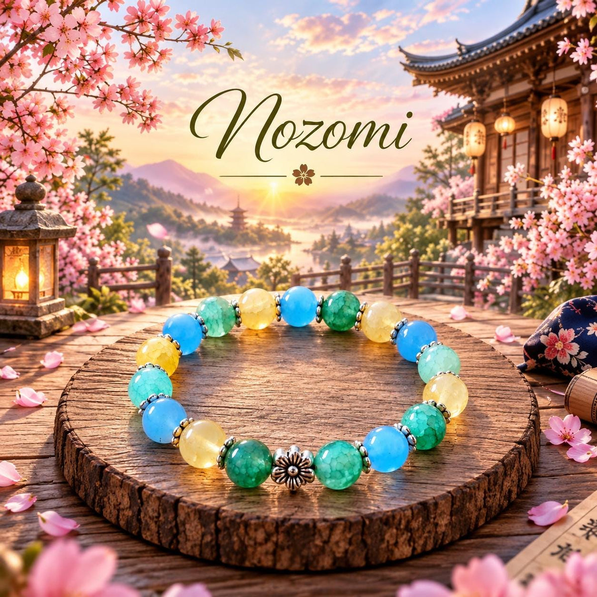 Bracelet Fantaisie, Perles Bleues Vertes et Dorées, Lotus Argenté - Nozomi -