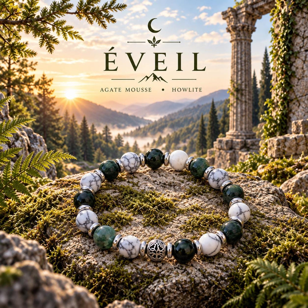 Bracelet en pierres naturelles d'  agate mousse et howlite, - Lithothérapie - Eveil -