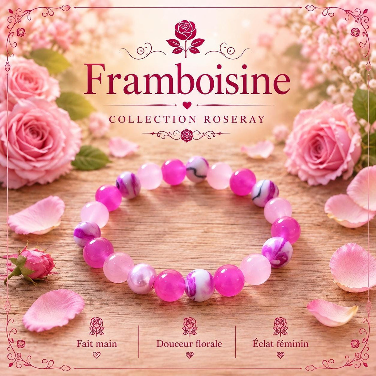 Bracelet fantaisie en perles rouges & roses marbrées - Framboisine -