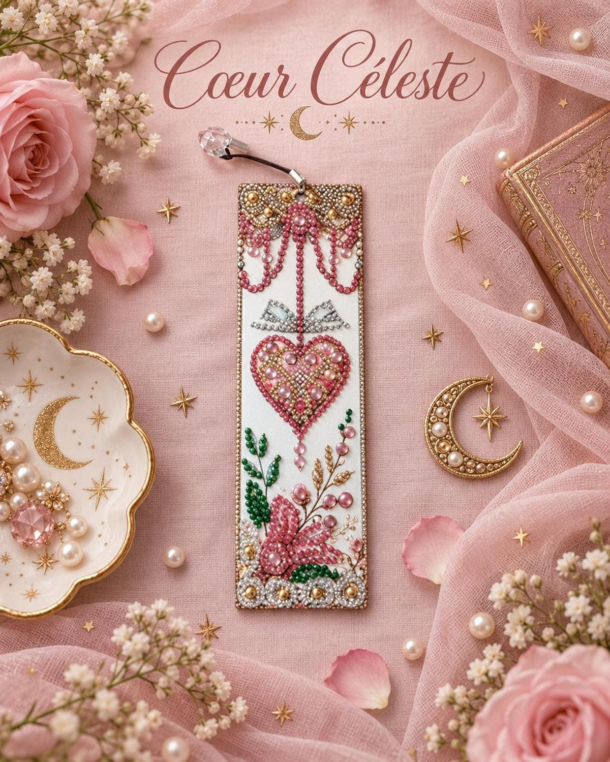 Marque Page Floral Cœur Rose, Détails Dorés en Diamond Painting - Cœur céleste" -