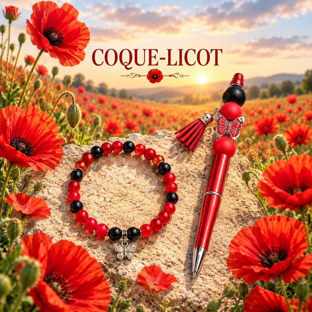 Ensemble Stylo & Bracelet en perles fantaisie  Rouges et Noires, Papillon Argenté - Coque-Licot,