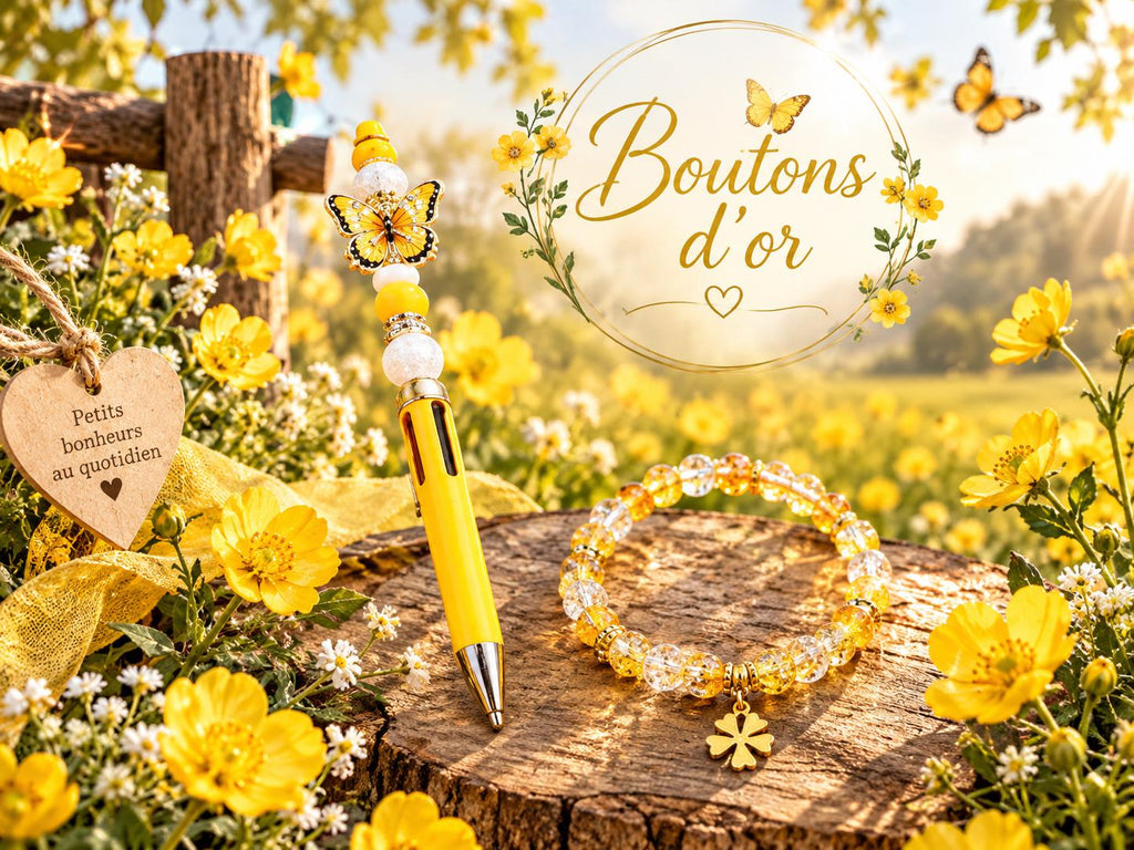 Duo Bracelet & Stylo aux Perles Jaunes et Dorées - Boutons d'Or -