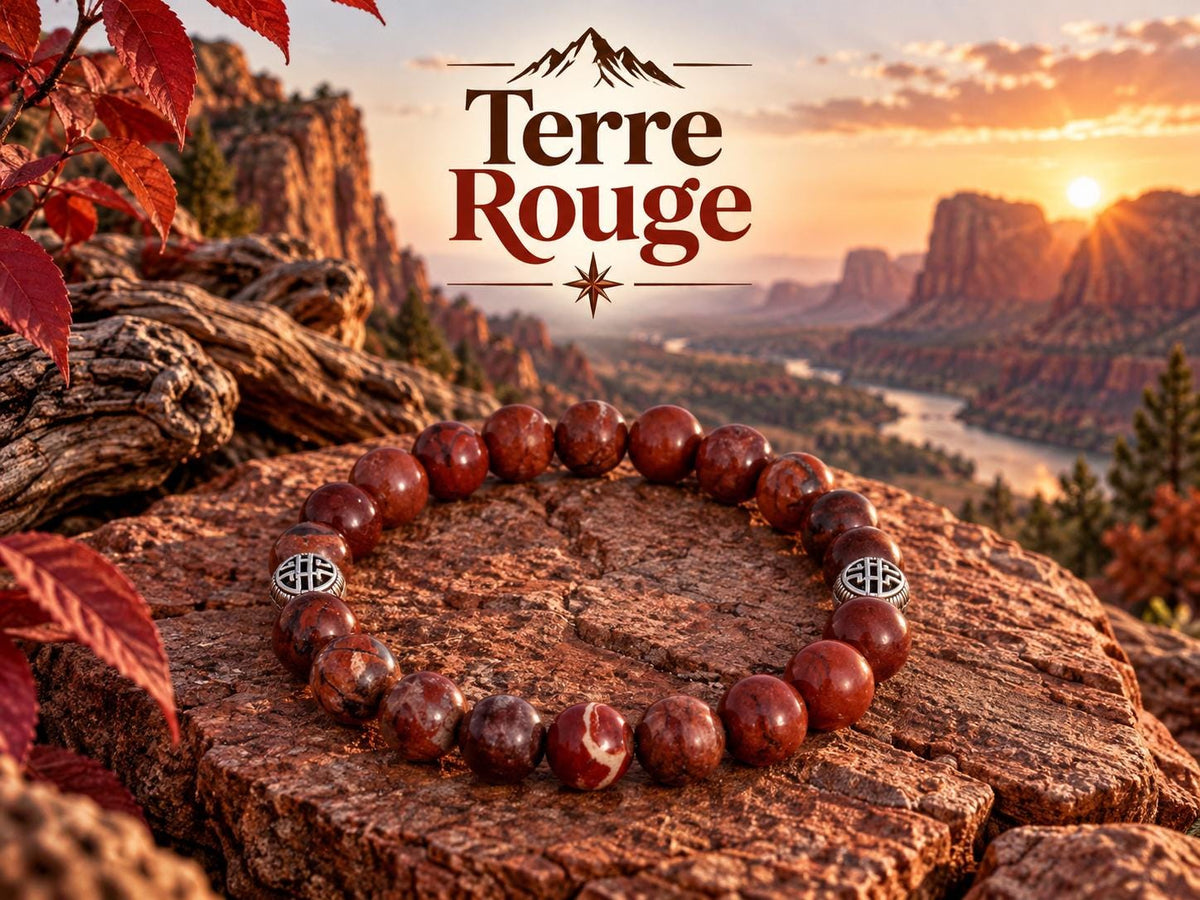 Bracelet Homme en Pierres (origine indéterminée) Rouge Brun, avec Intercalaires Argentés - "Terre Rouge" -