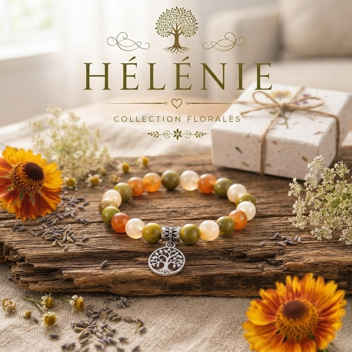 Bracelet Fantaisie Femme Hélénie, Perles Colorées et Pendentif Arbre de Vie