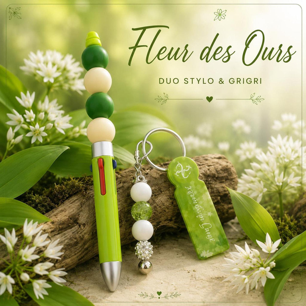 Duo Stylo 4 Couleurs et Jeton de Caddie Vert - Fleurs des Ours -