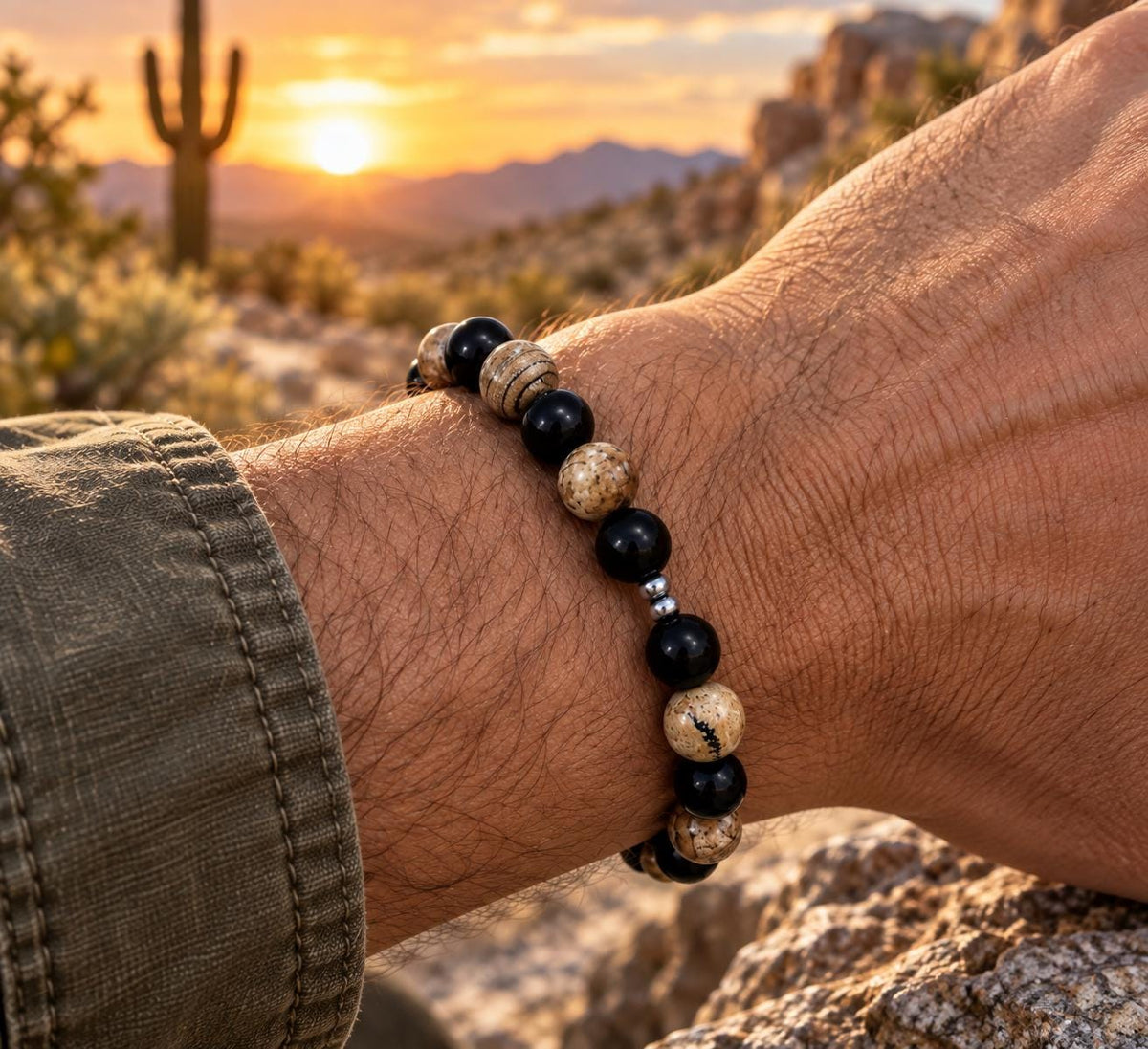 Bracelet pierres naturelles en  obsidienne noire et jaspe paysage - Lithothérapie - Sirocco -