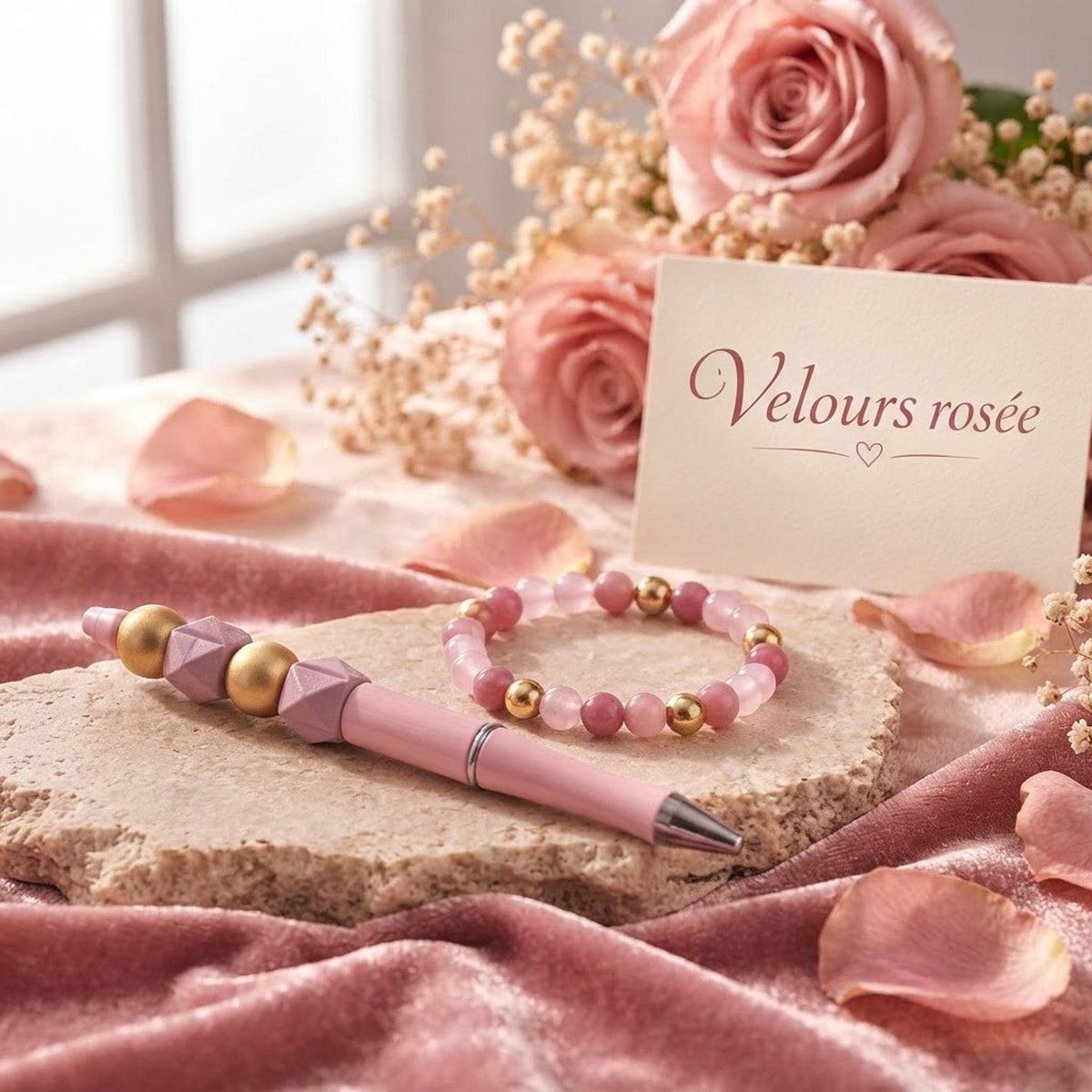 Ensemble composé d'un bracelet et d'un stylo bille - 'Velours rosée" -