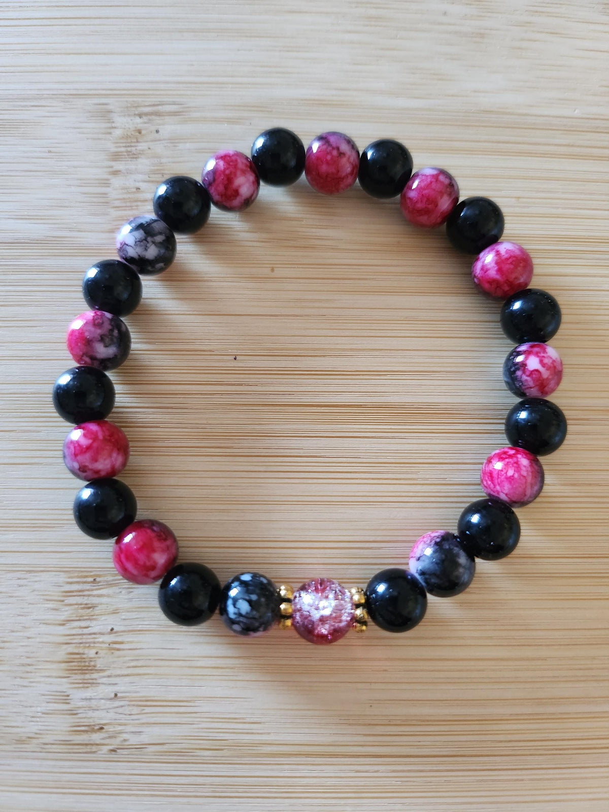 Bracelet fantaisie  en perles rose et noir, Zinnia -
